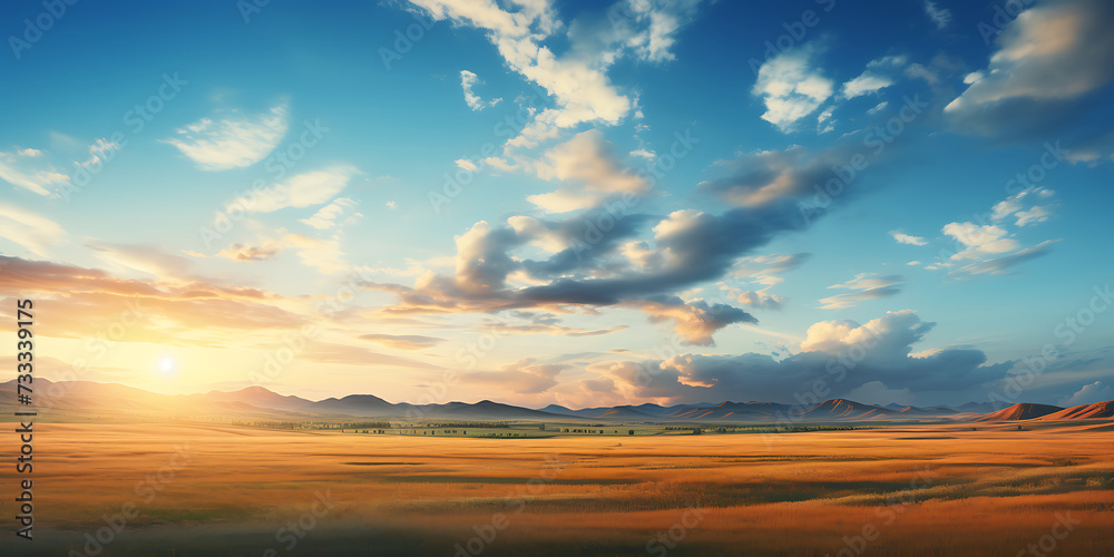 Beautiful sunset with clouds in the sky. Panoramic view.