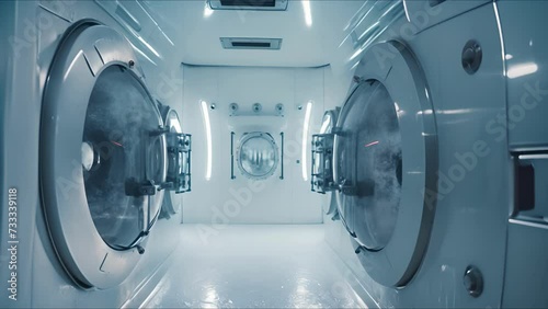 Team of astronauts in hypersleep anabiosis chamber aboard the orbital station. A crew of cosmonauts in hibernation. People in space. Galactic travel and science concept. photo