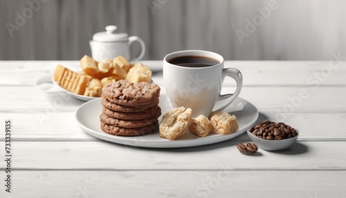 A white plate with a cup of coffee and a variety of cookies