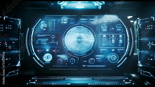 Futuristic spaceship control panel interface. Spacecraft digital dashboard background with indicators and tools. Space travel, space exploration and science. photo