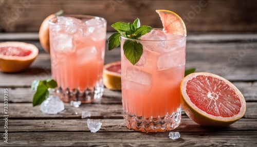 Two glasses of pink grapefruit juice with a slice of grapefruit and a sprig of mint photo