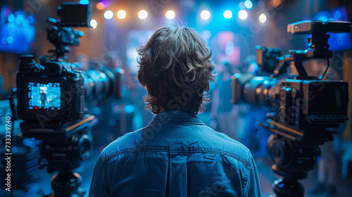 Behind the scenes of video shooting production crew team and professional camera equipment in studio,generative ai