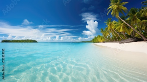 Travel banner on summer. beautiful beach. Idyllic sandy beach with clear turquoise ocean and palms.  © Ilmi