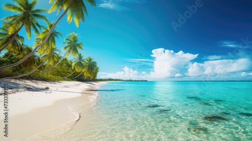 Travel banner on summer. beautiful beach. Idyllic sandy beach with clear turquoise ocean and palms. 