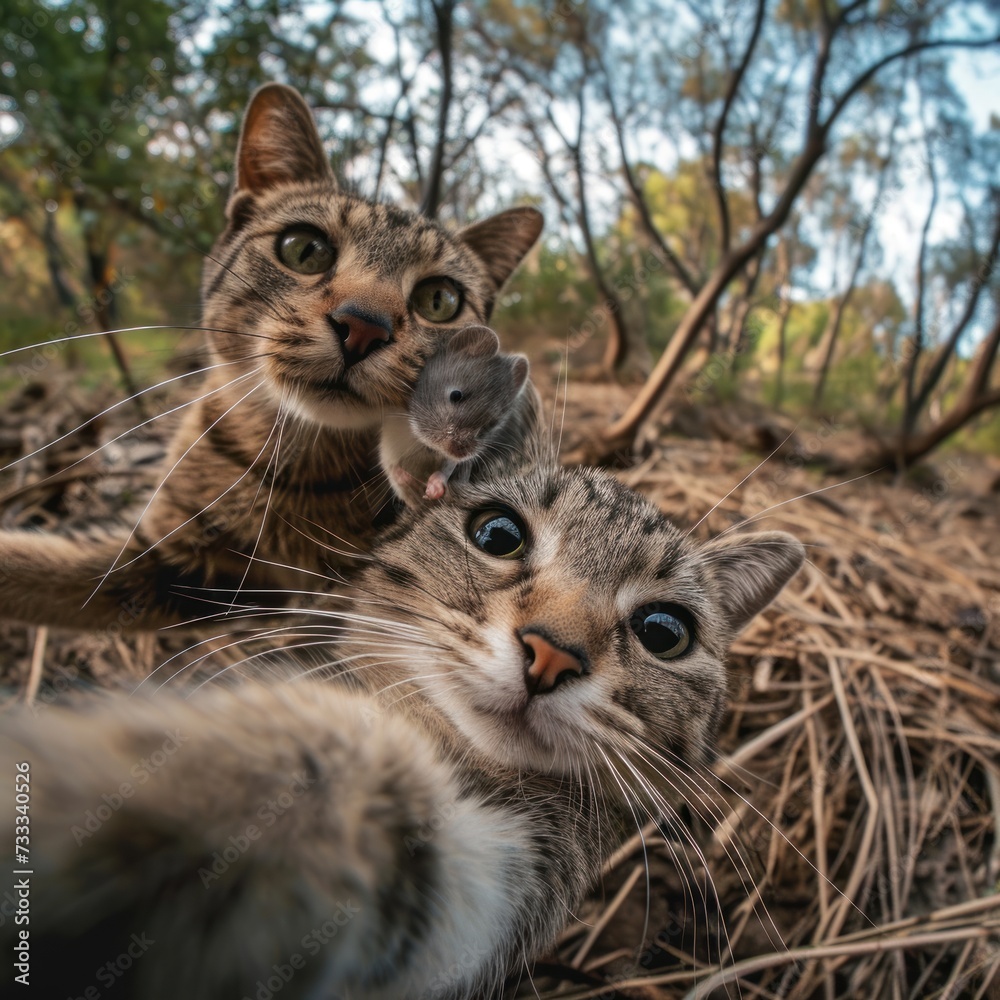Cats and mice take a selfie together looking close and friends between two different types of mammals in an elegant setting. concept for humor, blog, animal lovers, advertising etc. Generative Ai Cats and mice take a selfie together looking close and friends between two different types of mammals in an elegant setting. concept for humor, blog, animal lovers, advertising etc. Generative Ai