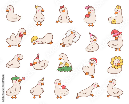 Cute kawaii goose. Cartoon funny duck characters. Hand drawn style. Vector drawing. Collection of design elements.