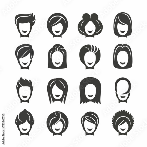 Big black hair silhouettes collection of fashionable haircuts or hairstyles for girls, isolated on white background. Fashion hand drawn vector illustration