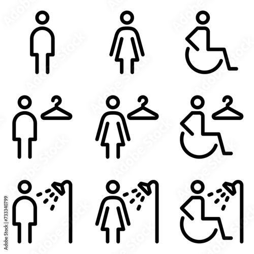 Restroom, shower and changing rooms line icon set