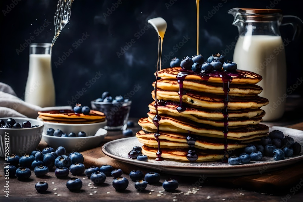 A tower of fluffy blueberry and ricotta pancakes with a drizzle of syrup A tower of fluffy blueberry and ricotta pancakes with a drizzle of syrup