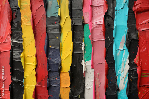 Close-up view of vibrant and thick paint strokes of various colors applied closely together