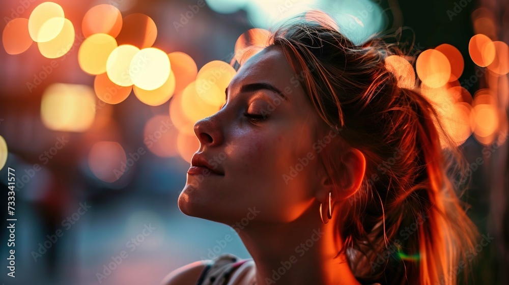 A close-up portrait of a young woman in profile with her eyes closed, basking in the warm, soft glow of ambient light that creates a bokeh effect in the background. The woman has her hair up casually, A close-up portrait of a young woman in profile with her eyes closed, basking in the warm, soft glow of ambient light that creates a bokeh effect in the background. The woman has her hair up casually,