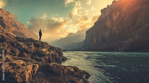A person stands on a rocky outcrop gazing over a serene body of water at sunset. The water reflects the golden glow of the sun as it dips behind the rugged mountains. The mountains ascend majestically