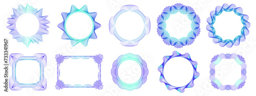 Guilloche pattern frame. Ornamental geometric borders, circular and square frames for certificates, invitations, and greeting cards vector set