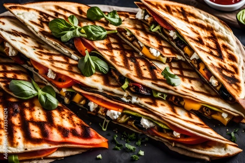A close-up of a perfectly grilled vegetarian and goat cheese quesadilla.