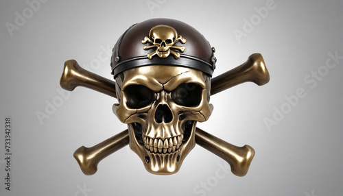Transparent background PNG of a pirate skull and crossbones with metal texture and shadow, isolated cutout object photo
