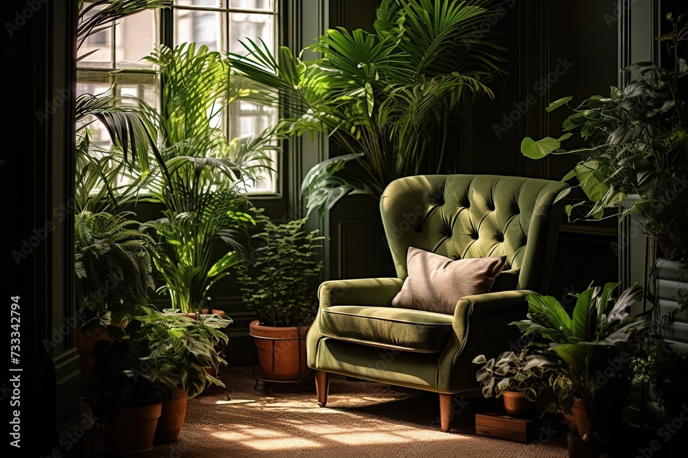 a green chair sitting in front of a window next to potted plants