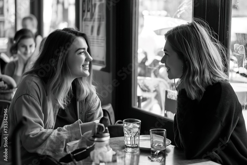 Two women engrossed in conversation, sharing stories and connecting with each other at a table. photo