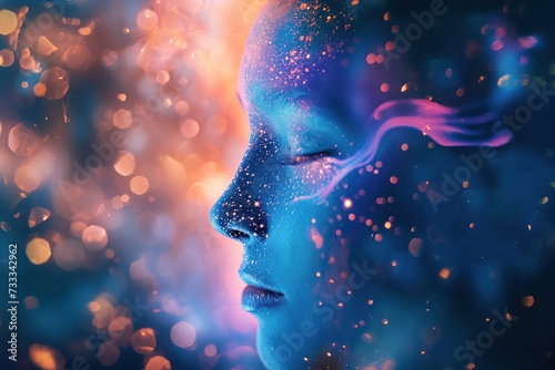 A captivating image of a woman, with closed eyes, her face adorned with a dazzling layer of glitter.