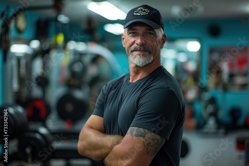 A fit and determined man asserts his dominance over the gym as he stands confidently with his arms crossed. photo