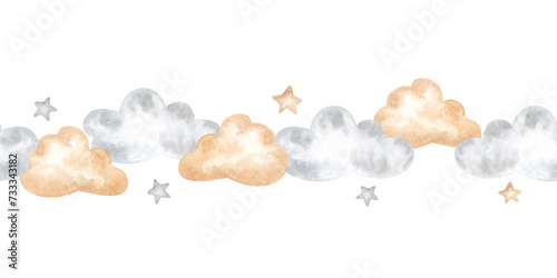 Cloud seamless border watercolor frame illustration. Sky and stars pattern for baby room. Hand drawn template on isolated background. Lullaby and nursery design, wall art stickers and wallpaper