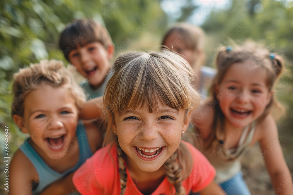 A joyful group of young children standing closely together and engaging in playful activities outdoors.