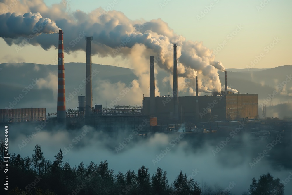 Smoke billows from the stacks of industrial buildings, creating a visible emission of pollutants.