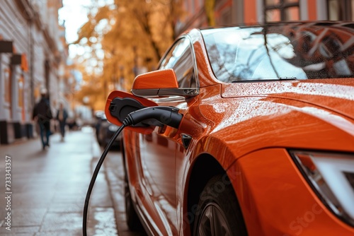 An orange car stands out on the side of the street, injecting a burst of color into the urban landscape.