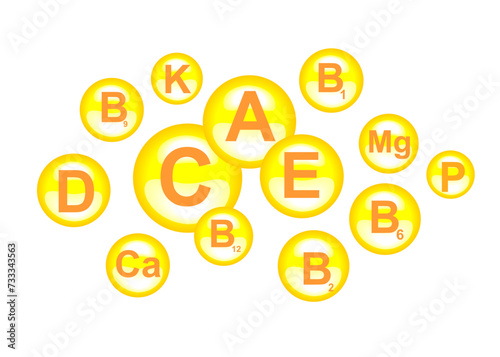 Set Vitamins isolated on White background. Set of Multi Vitamin complex icons. Multivitamin supplement. Vitamin A, B group B1, B6, B12, C, D,  E, K. Essential vitamin complex. vector illustration