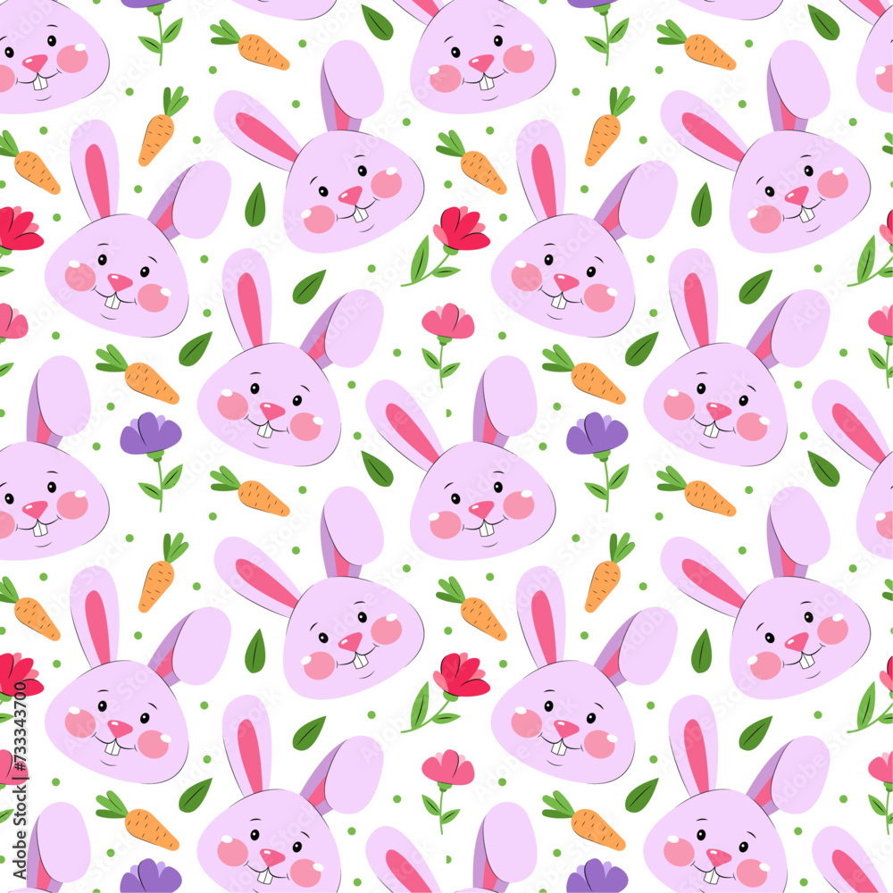 Seamless pattern with cute rabbits, flowers and carrots on white background. Easter holiday wrapping paper, textile design, fabric.
