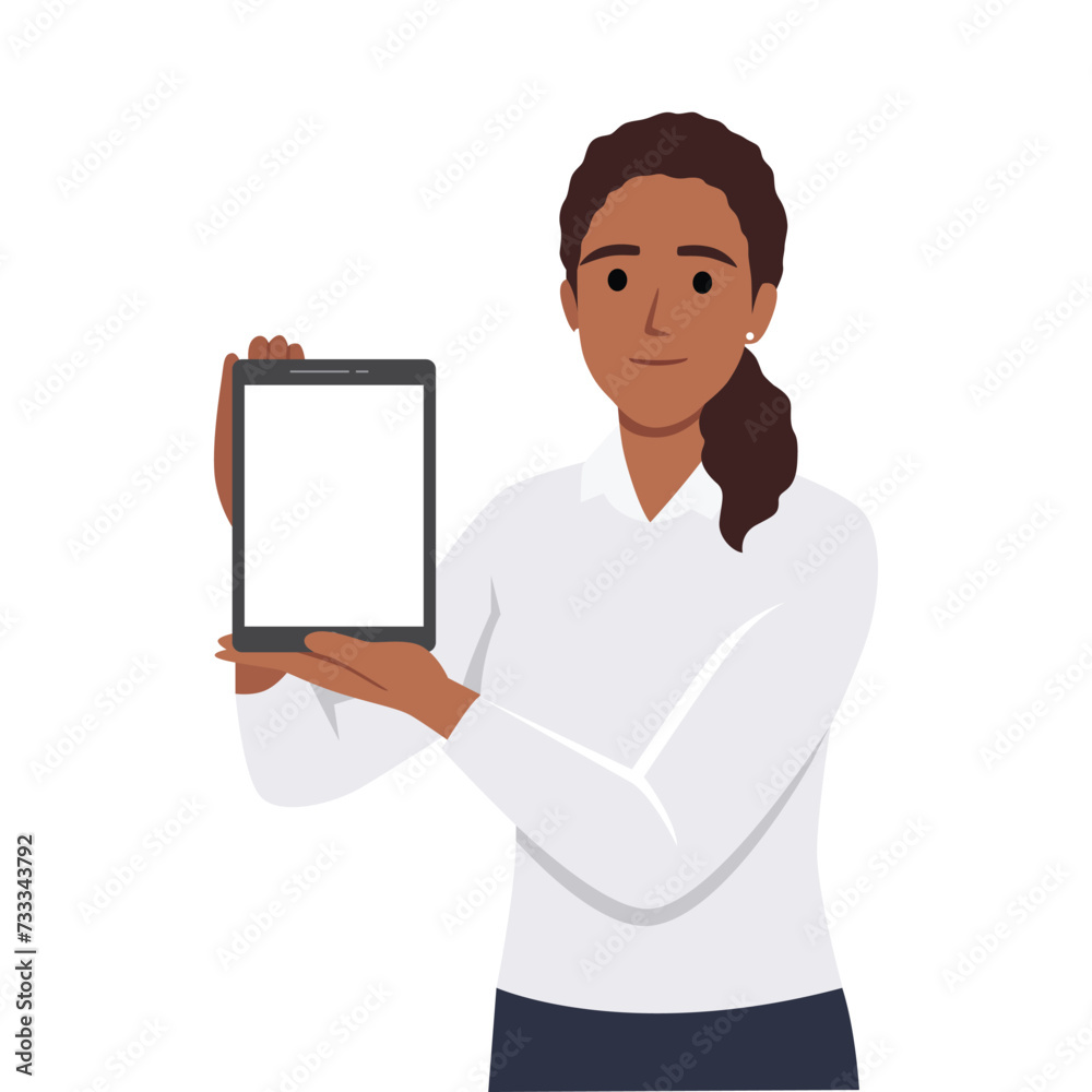 Happy beautiful young woman holding or showing a blank clipboard and showing hand to copy space side away. Happy beautiful young woman holding or showing a blank clipboard and showing hand to copy space side away.