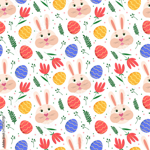 seamless pattern with easter rabbits, easter eggs and flowers on white background