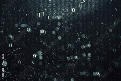 Abstract dark hacking background with bokeh circles and binary coding. Malware and phishing, data theft concept. 3D Rendering.