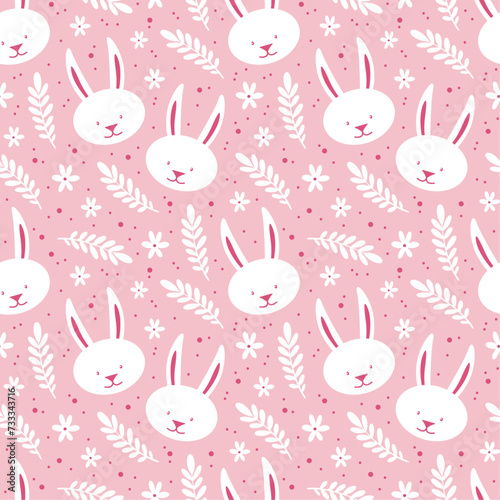 seamless pattern with bunnies and flowers on pink background