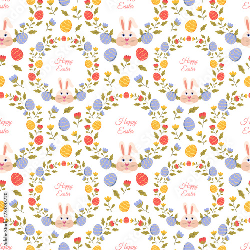 Cute Easter pattern with bunnies, flowers and colourful Easter eggs, design for wrapping paper, gifts, textile.
