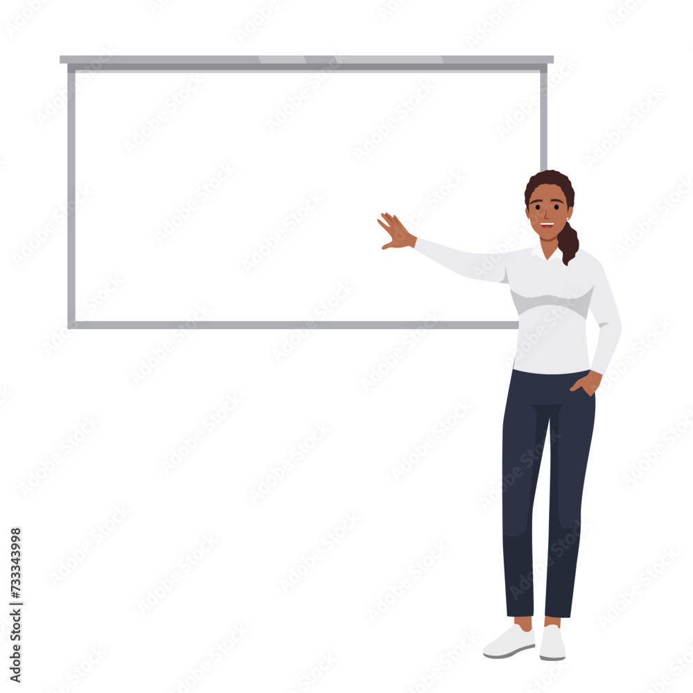 Business woman explaining on the whiteboard. Flat vector illustration isolated on white background Business woman explaining on the whiteboard. Flat vector illustration isolated on white background