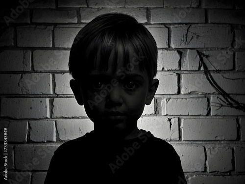 Image of a scared child standing in a dark room against a brick wall. Concept of PTSD, children trauma after parents break up or distress, Children mental health awareness.