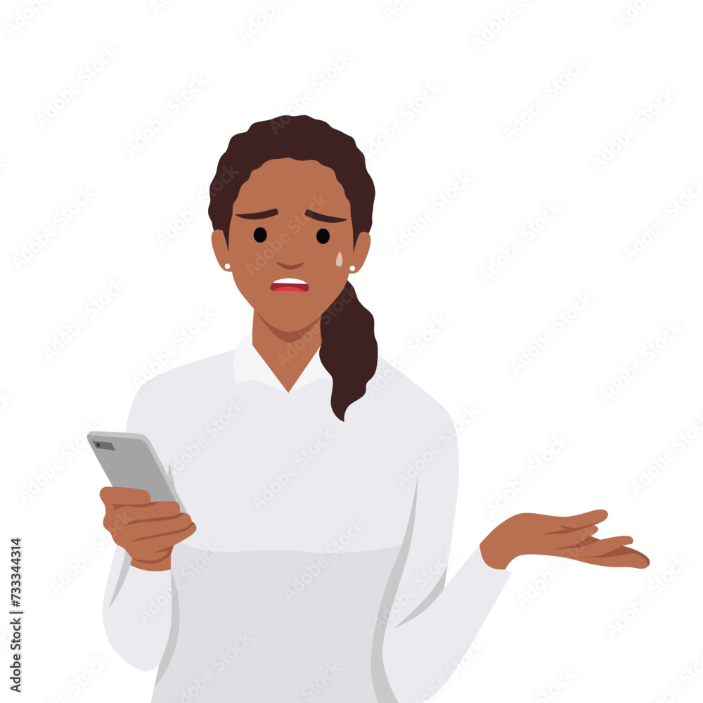 Anger frustration confusion concept. Nervous girl looking at smartphone screen. Furious teenager irritated with phone malfunction. Mad woman angry with bad message