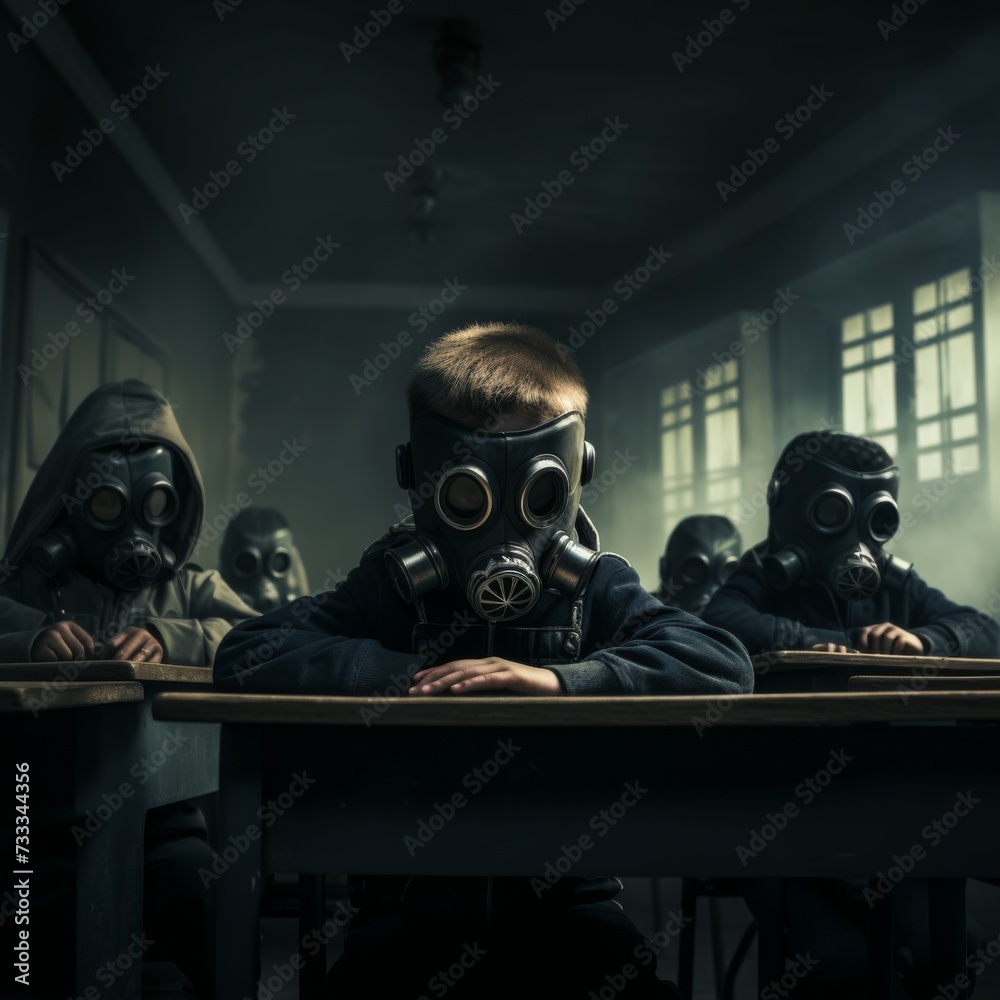 students with sovietic gas mask sitting at classroom desks , dark colors students with sovietic gas mask sitting at classroom desks , dark colors
