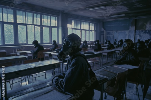 students with sovietic gas mask sitting at classroom desks , dark colors