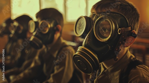 students with sovietic gas mask sitting at classroom desks , dark colors