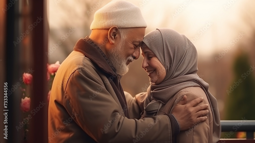 Elderly Muslim couple, loving and slow dancing at home.  Affectionate old married couple at home.