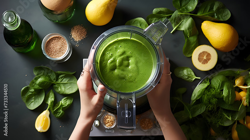 Woman preparing a green smoothie at home. A green smoothie with fresh fruits, green spinach and avocado. 
