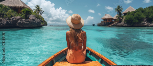 A woman wearing a straw hat travels on a boat outside a beautiful island resort, generative ai © Suralai