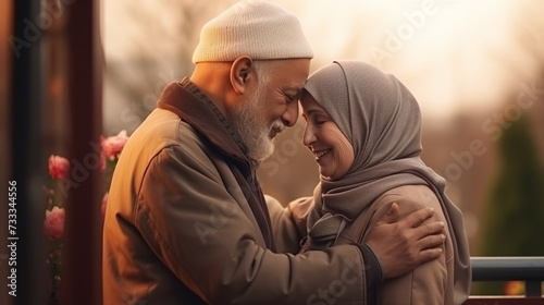 Elderly Muslim couple, loving and slow dancing at home. Affectionate old married couple at home.