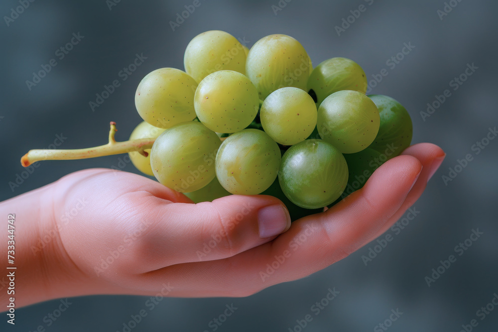 Hand holding green grape fruit isolated on gray background with copy space Hand holding green grape fruit isolated on gray background with copy space