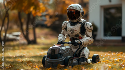 A humanoid robot pushing a lawn mower on the front lawn in front of a gorgeous house, generative ai © Suralai