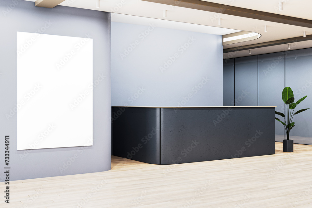 Modern office lobby interior with empty white mock up banner and black reception desk. 3D Rendering. Modern office lobby interior with empty white mock up banner and black reception desk. 3D Rendering.