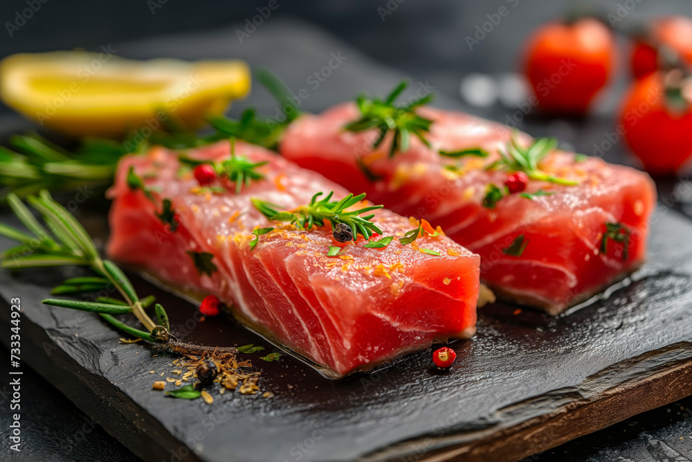 Fresh Tuna Fish Steaks with Lemon and Herbs on a Slate Plate
Fresh Tuna Fish Steaks with Lemon and Herbs on a Slate Plate