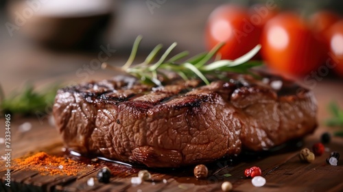Delicious beef steak with fresh herbs and tomatoes on a wooden table.
