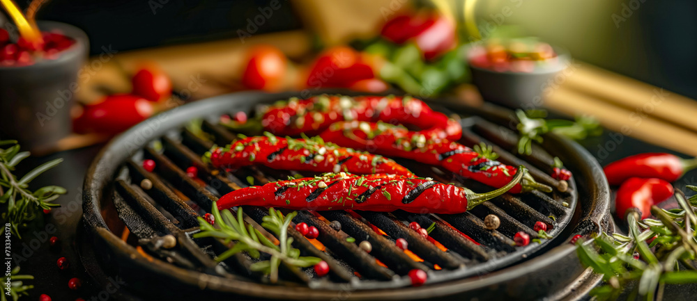 Grilled Chili Peppers with Sesame Seeds on Cast Iron Grill
